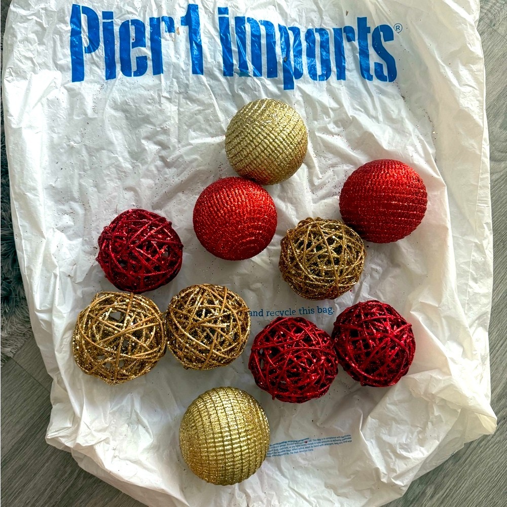 Pier 1 Bundle Red and Glitter Gold/Champagne & Red Holiday Decorative Orbs